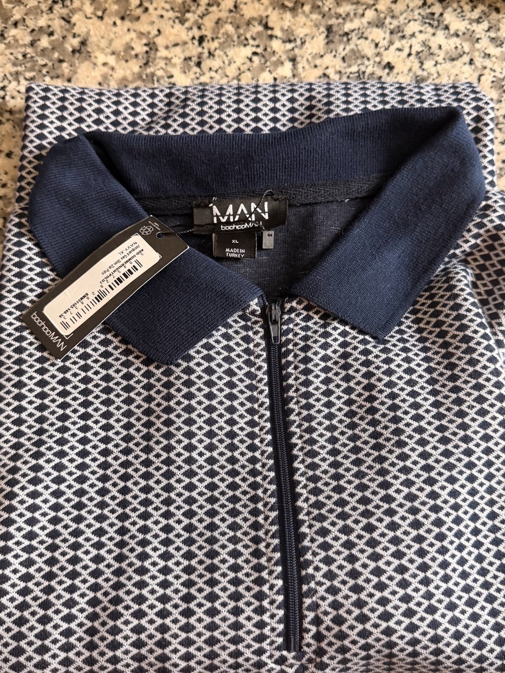 Boohoo Mens Navy & White Geometric Zip-Up Sweater